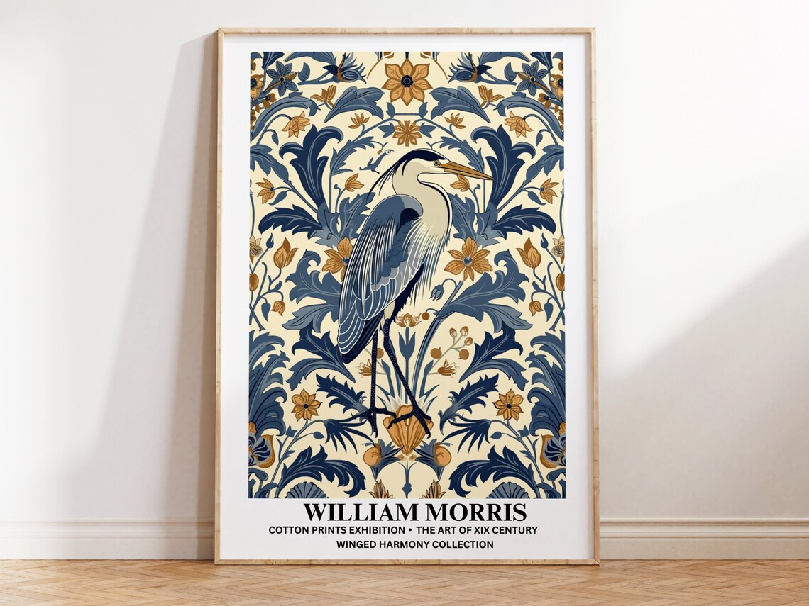 William Morris Blue Heron Vintage Botanical Art Print