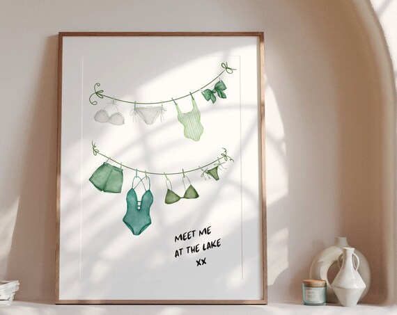 Meet Me at the Lake Green Bikini Clothesline Watercolor Swimsuit Poster