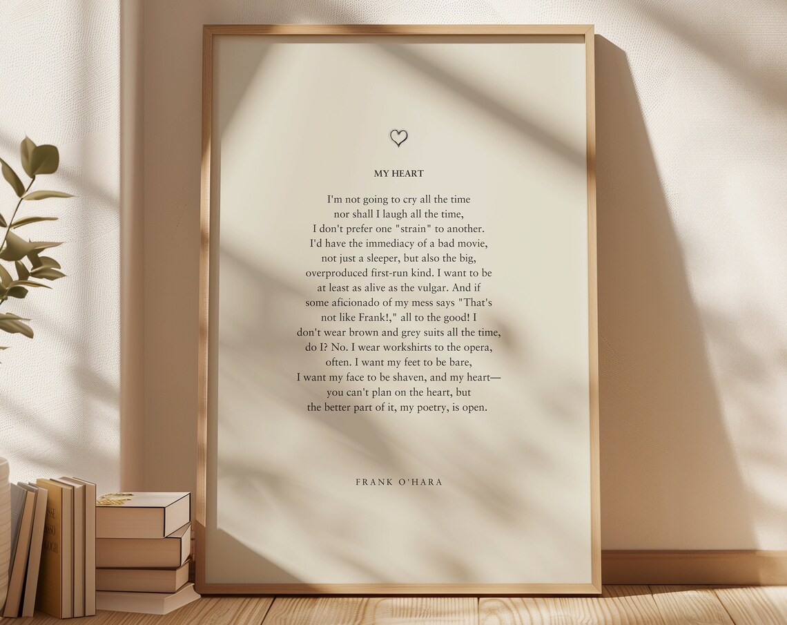 Frank O'Hara My Heart Poem Literary Minimalist Wall Poster Gift