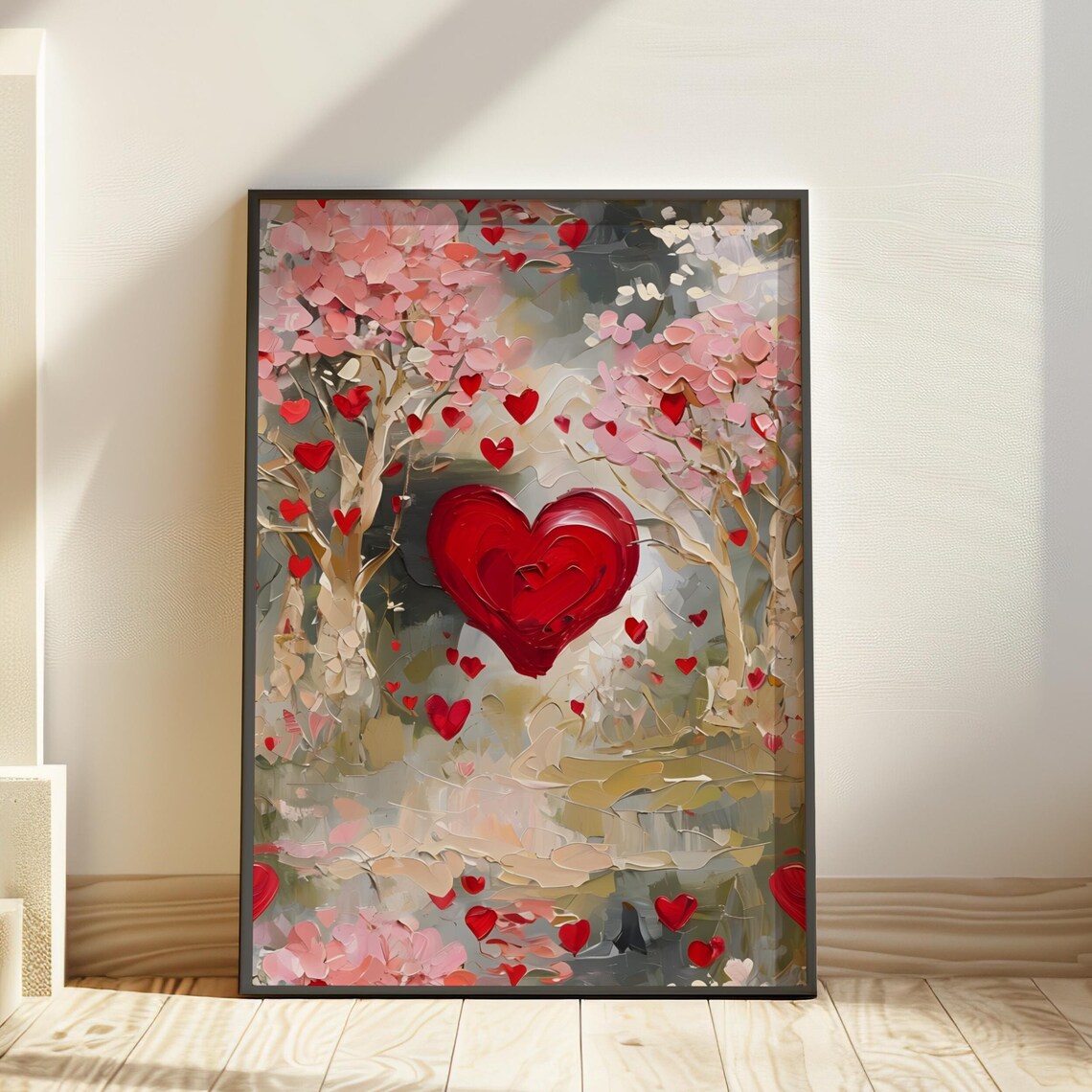 Red Heart Blossom Tree Painting Impasto Love Valentine Wall Art