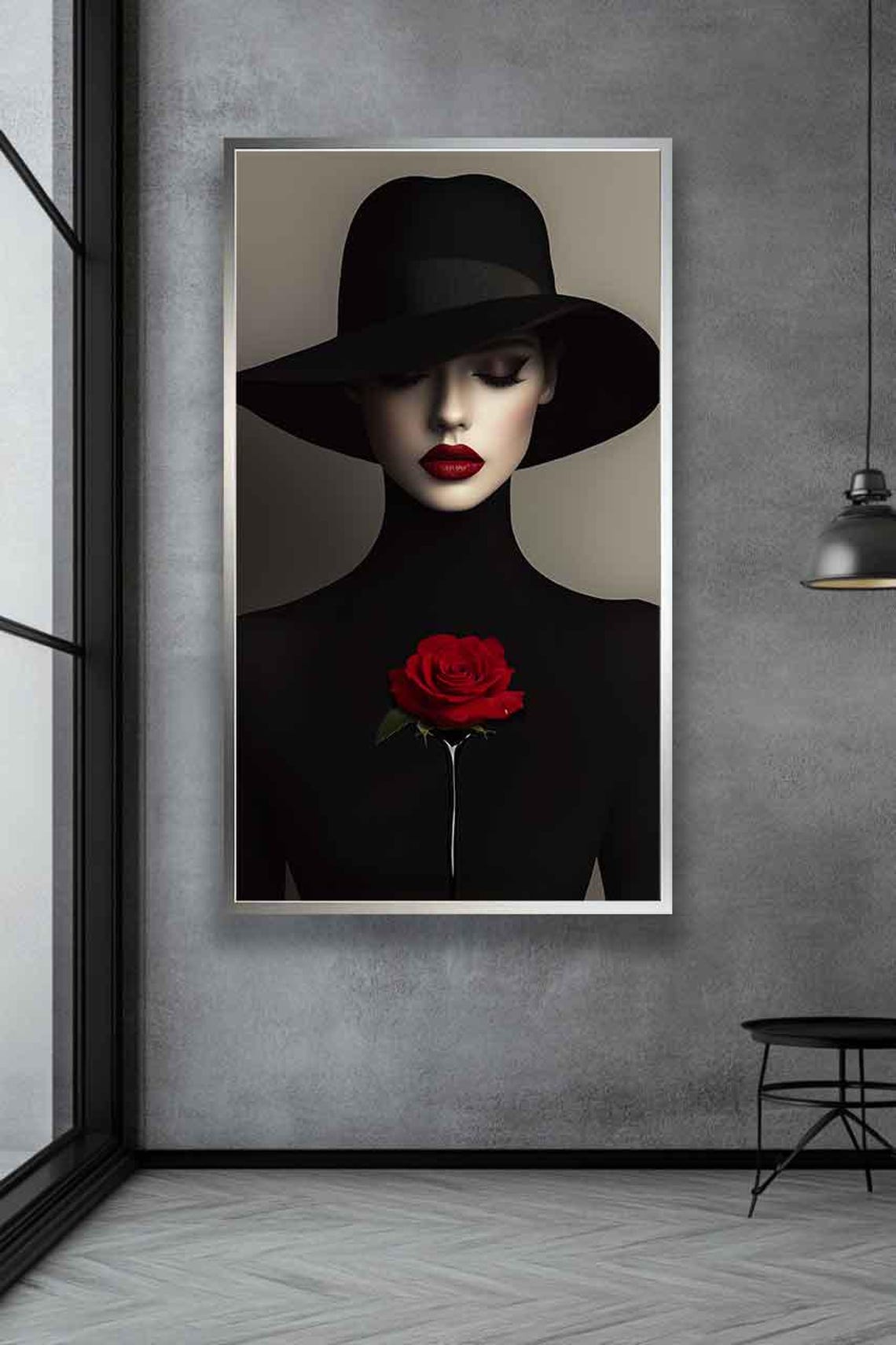 Woman Painting Woman In Black Dress Holding Red Rose Portrait Modern Fashion Wall Art Mysterious Lady With Rose Print - Image 2