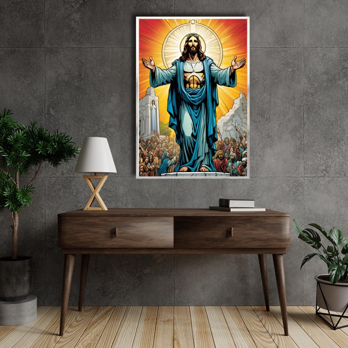 Jesus Christ Arms Outstretched Sunrise Crowd Religious Poster - Image 4