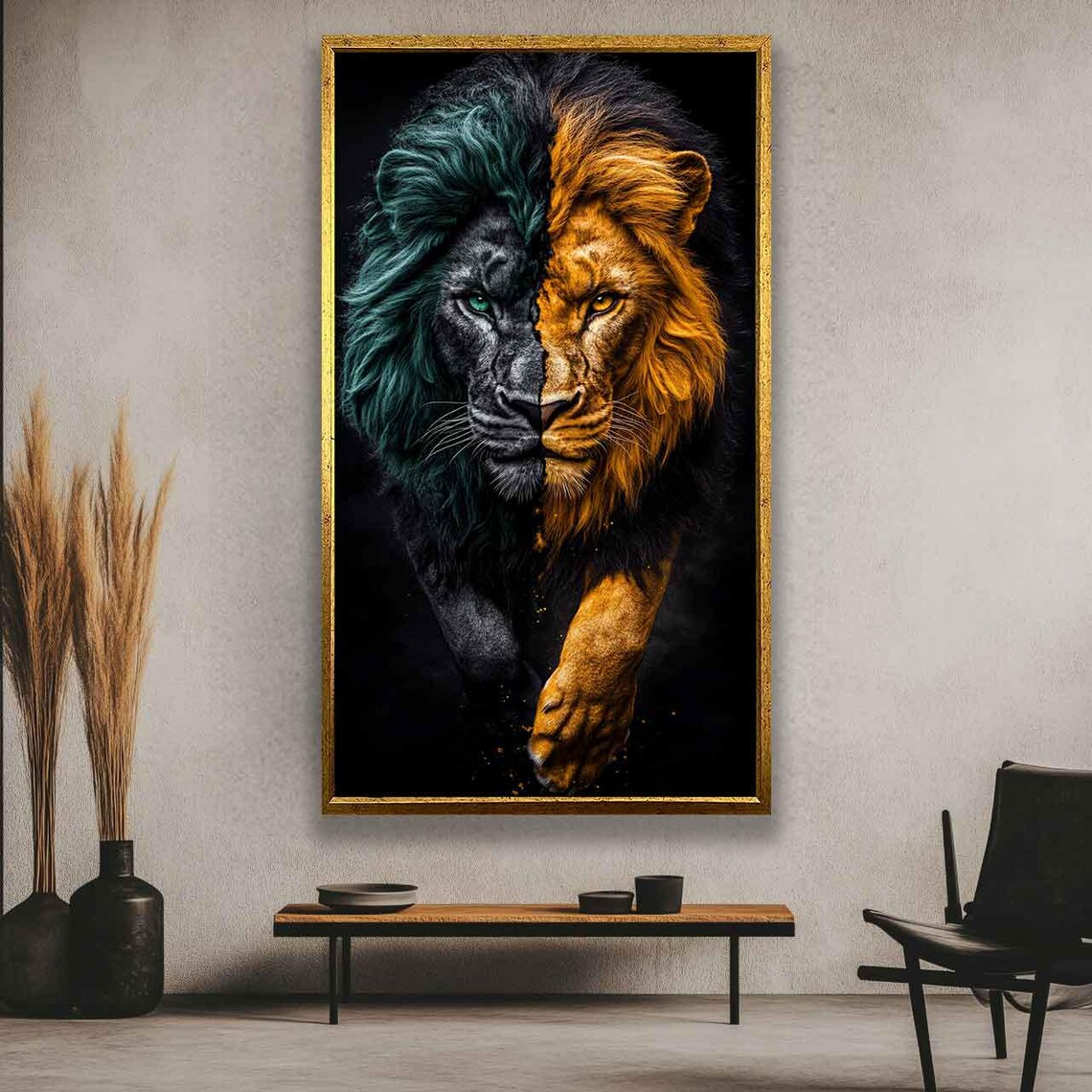 Split Face Lion Black Gold Dual Tone Dramatic Wildlife Art Poster - Image 5