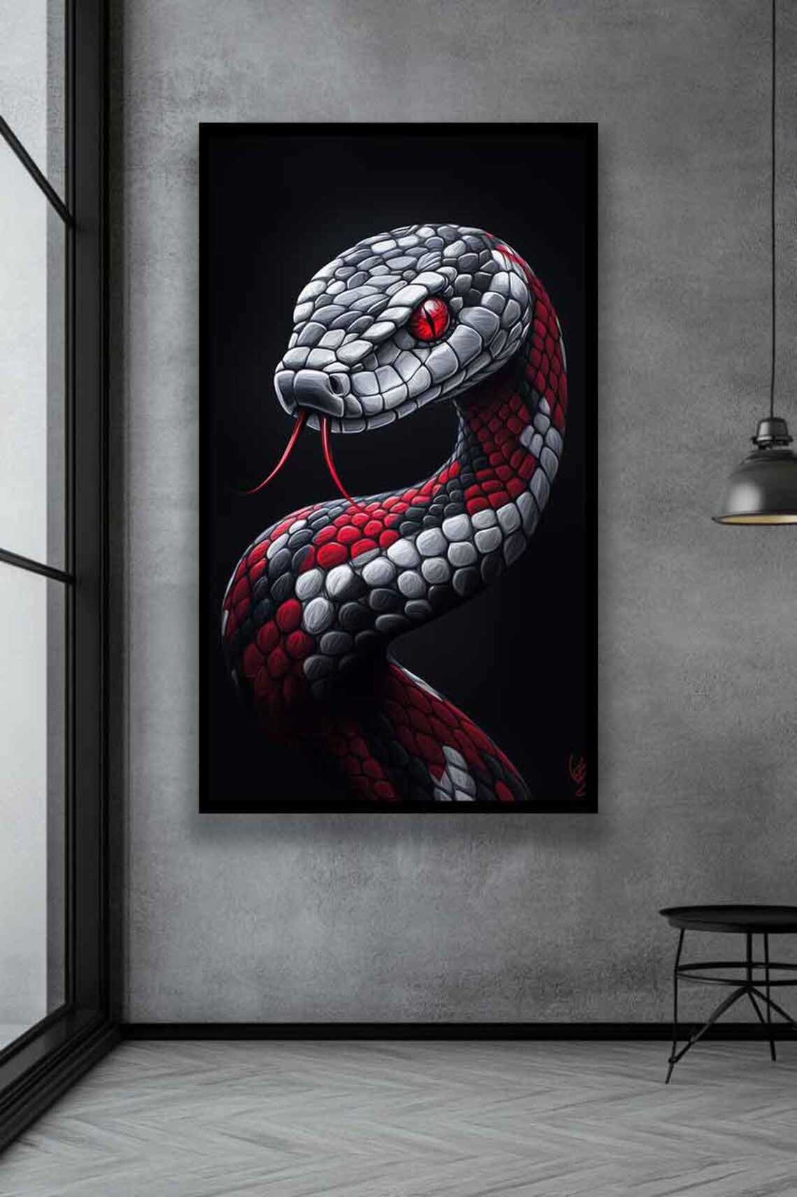 Red Eyed Black and Red Snake Coiled Portrait on Black Art Poster - Image 2