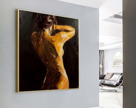 Golden Nude Woman Back Figure Dark Background Oil Painting Poster