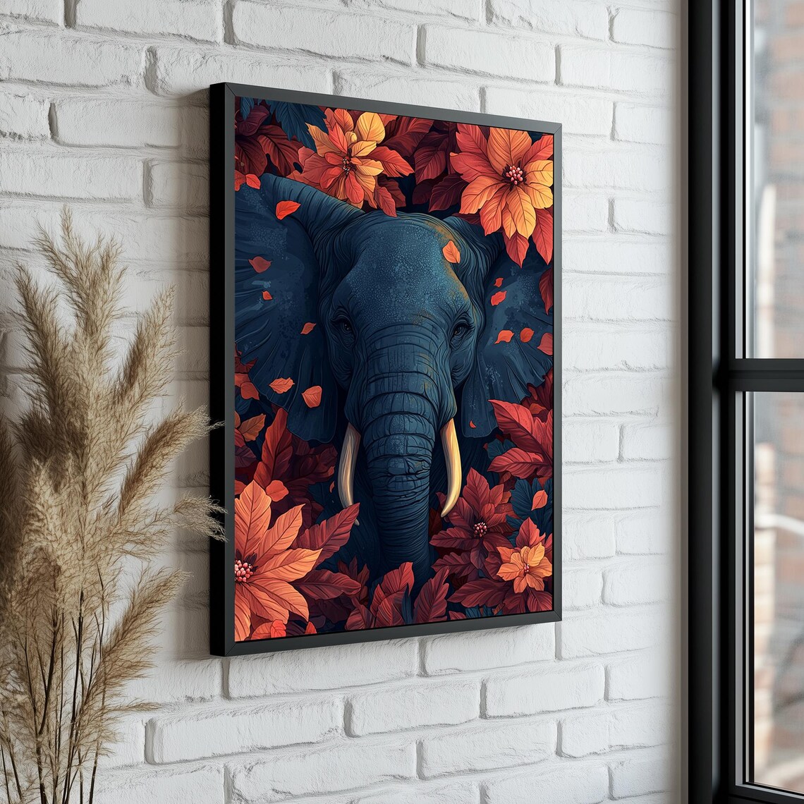 Elephant Among Flowers, Minimalist Elephant Painting