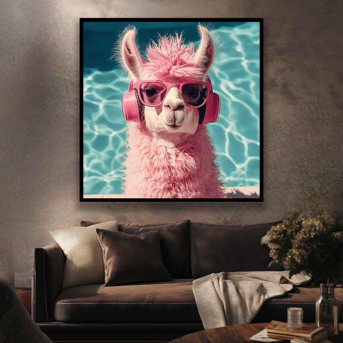 Fluffy Pink Llama in Pink Headphones and Sunglasses by the Pool Poster - Image 5