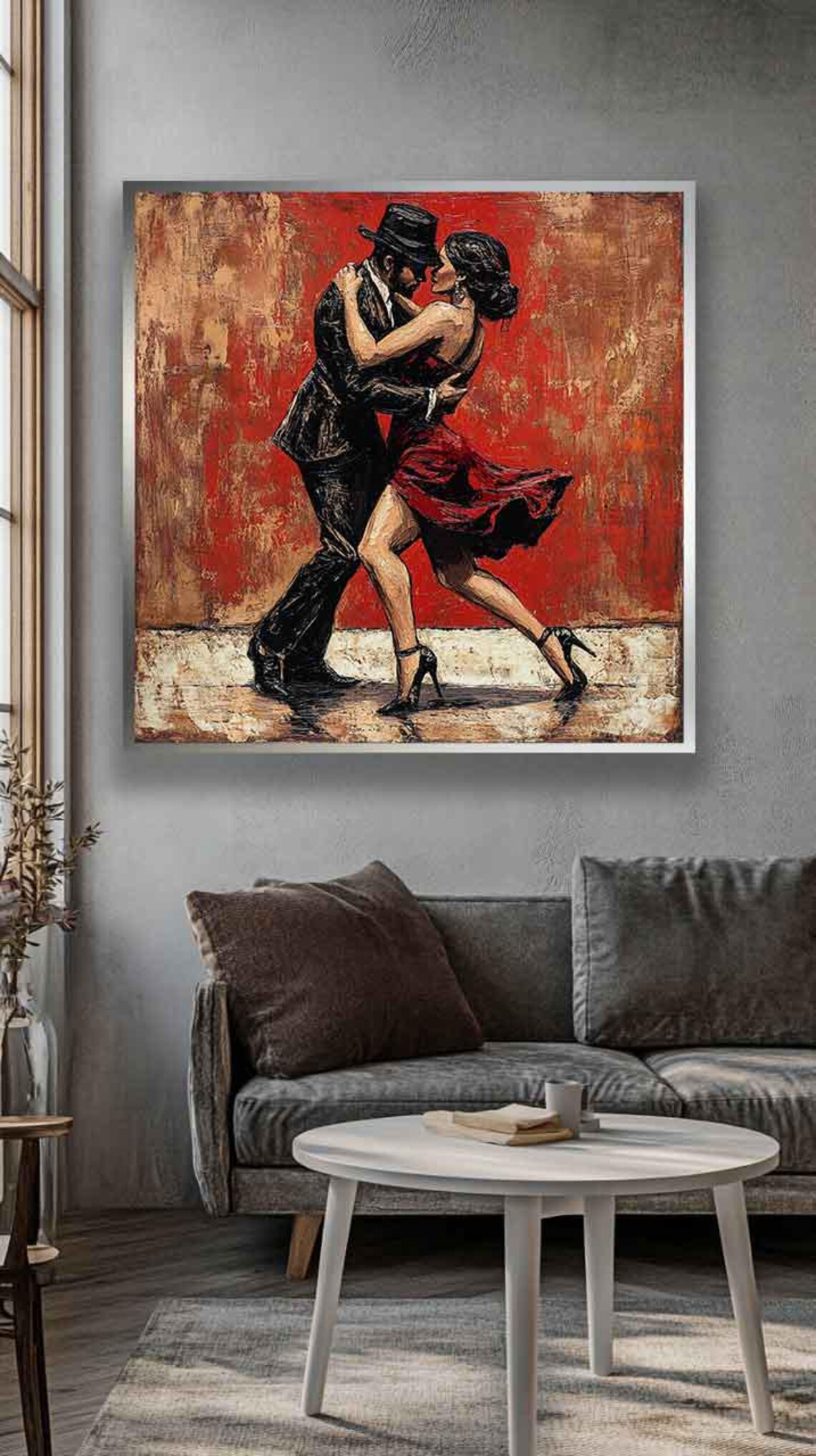 Tango Dance Couple Embracing Before Textured Crimson Wall Poster - Image 4