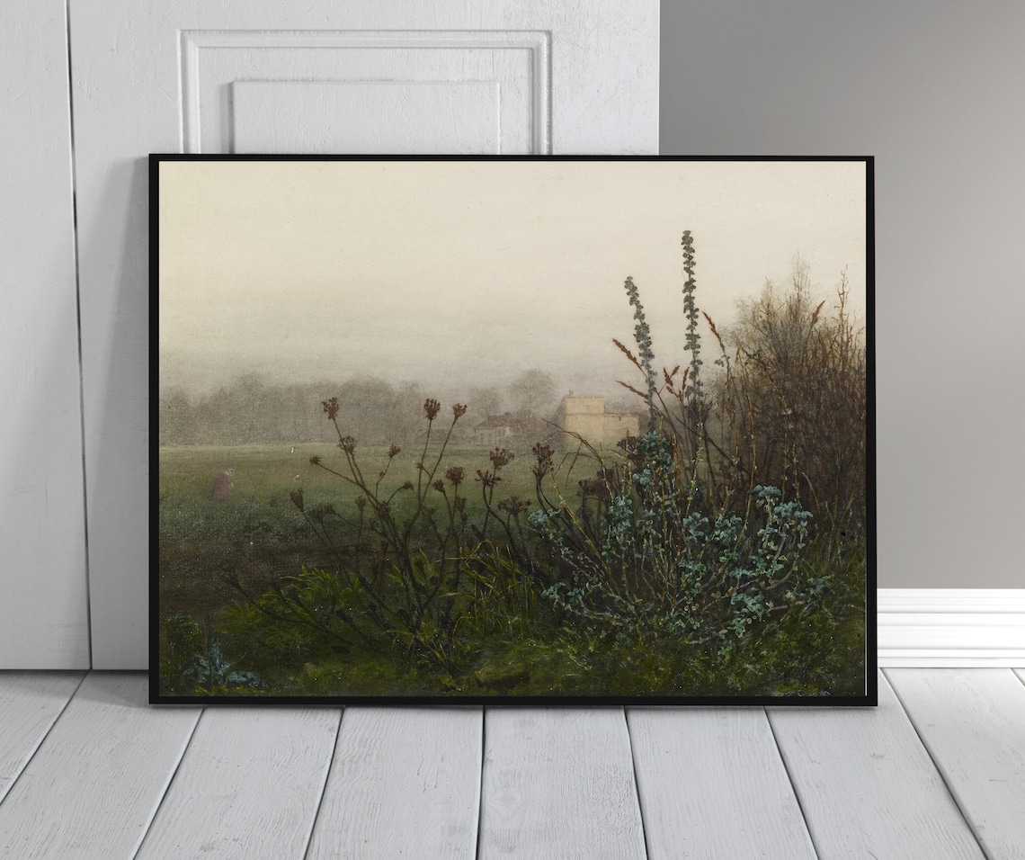 Misty Morning Vintage Field Landscape Art Print - Image 2