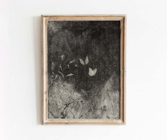 Butterfly Etching Vintage Art Print, Moody Dark