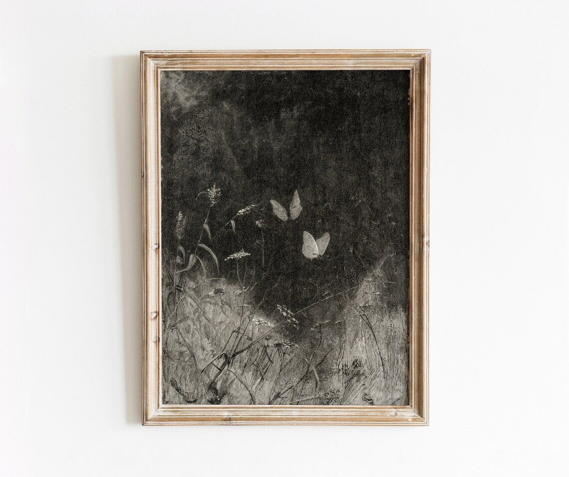 Butterfly Etching Vintage Art Print, Moody Dark