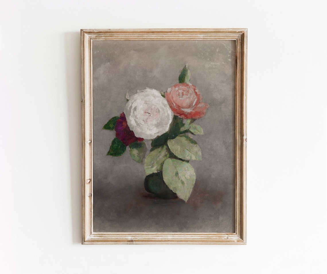 Small Vase Of Roses Vintage Floral Still Life Art Print