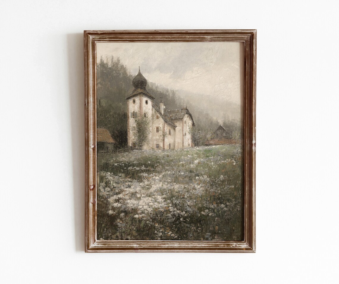 Church On The Hill Vintage Village Landscape Art Print