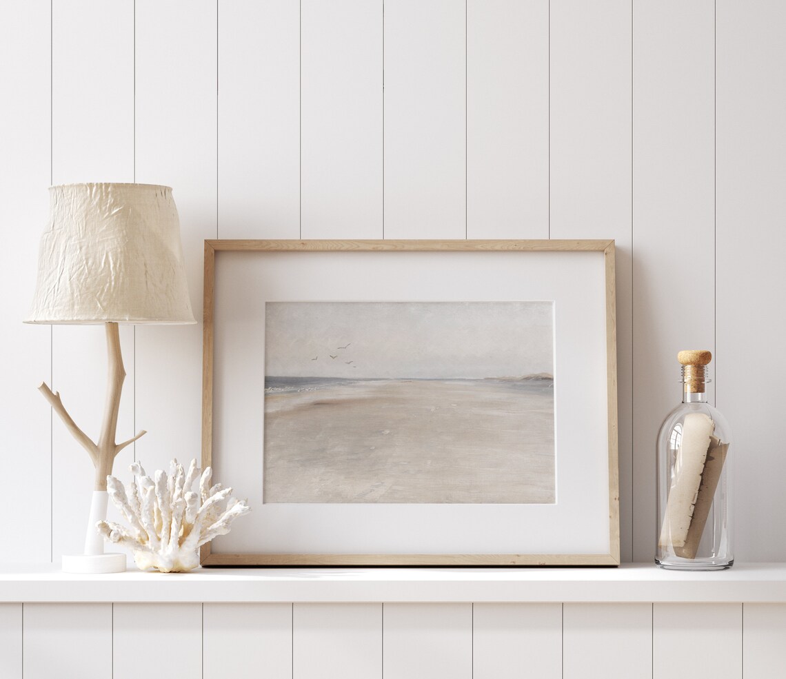 Neutral Coast Vintage Beach Oil Painting Art Print - Image 4