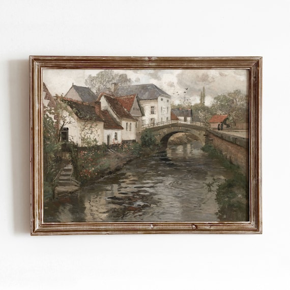 Belgian Village Canal Vintage Travel Poster, Cityscape