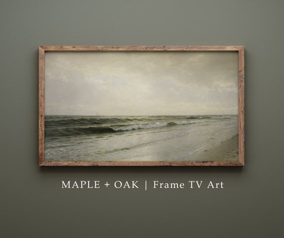Frame Tv Art Vintage Quiet Seascape Painting Neutral Green Decor Art 188