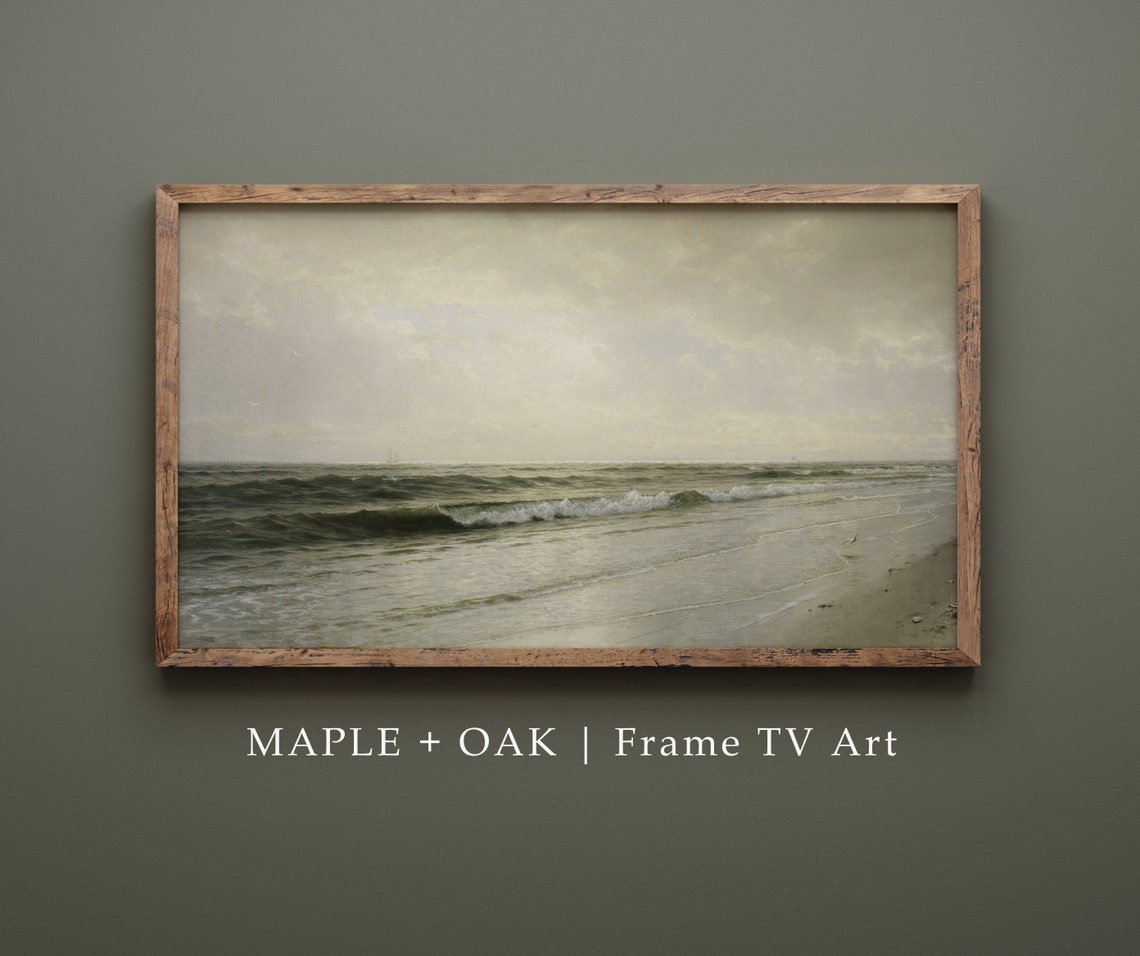 Quiet Ocean Waves Shore Vintage Neutral Green Seascape Painting Poster