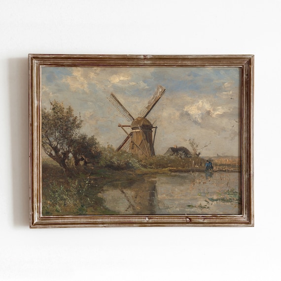 Brown Windmill Landscape Vintage Farmhouse Art Print