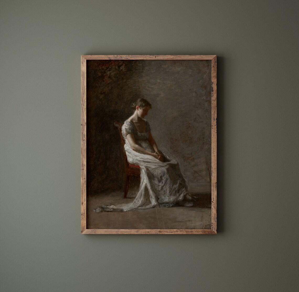 Victorian Lady Portrait Seated Chair Moody Antique Oil Painting Wall Print - Image 3