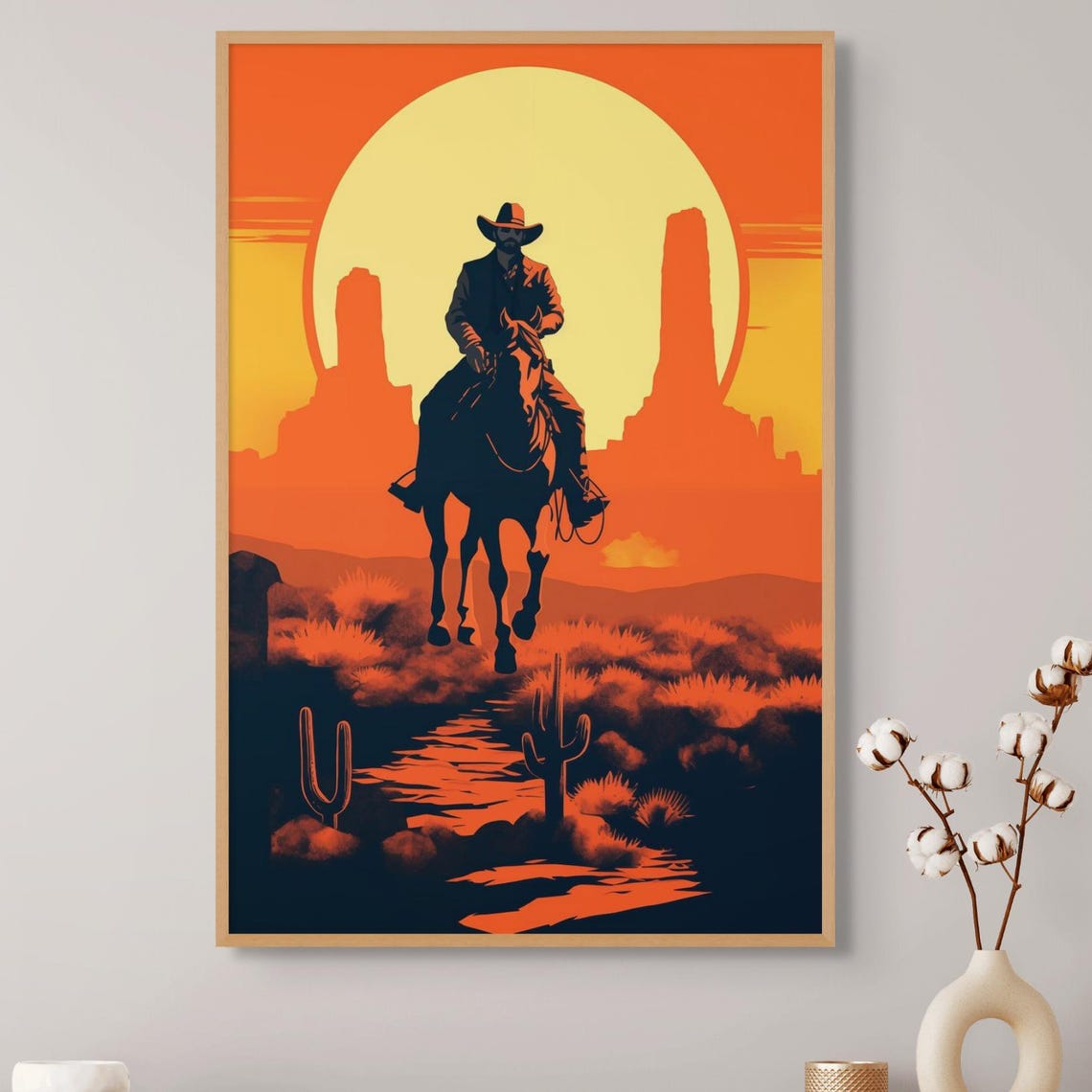 Cowboy Wall Decor Southwestern Horseback Rider Print Rustic Desert Silhouette For Home Decor
