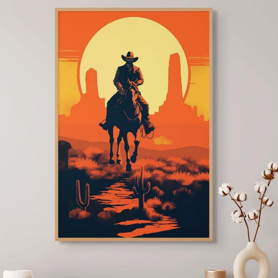 Cowboy Wall Decor Southwestern Horseback Rider Print Rustic Desert Silhouette For Home Decor