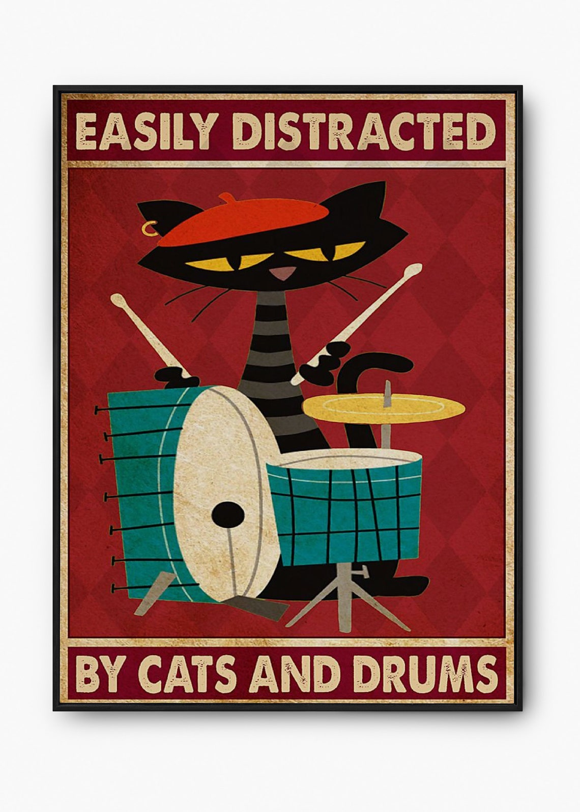 Easily Distracted by Cats and Drums Cartoon Black Cat Poster - Image 2