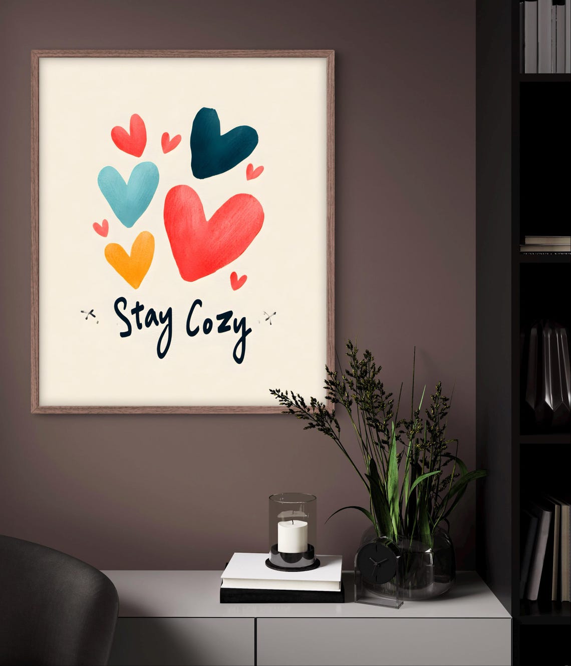 Stay Cozy Colorful Hearts Hand Lettered Quote Typography Poster