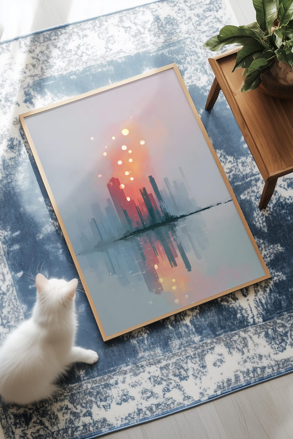 Misty City Skyline Floating Lantern Lights Reflection Wall Art