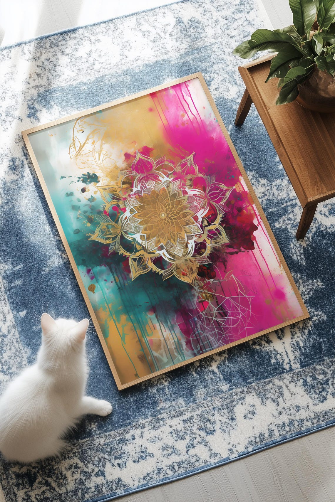 Boho Gold Mandala Wall Art with Lotus on Pink Teal and Orange Splatter