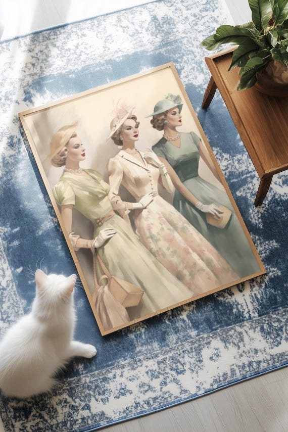 Vintage 1940s Womens Fashion Illustration Elegant Retro Dresses Wall Art