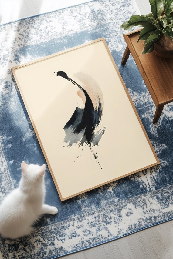 Single Brushstroke Art Wall Flowing Black Ink Minimalist For Modern Contemporary Decor