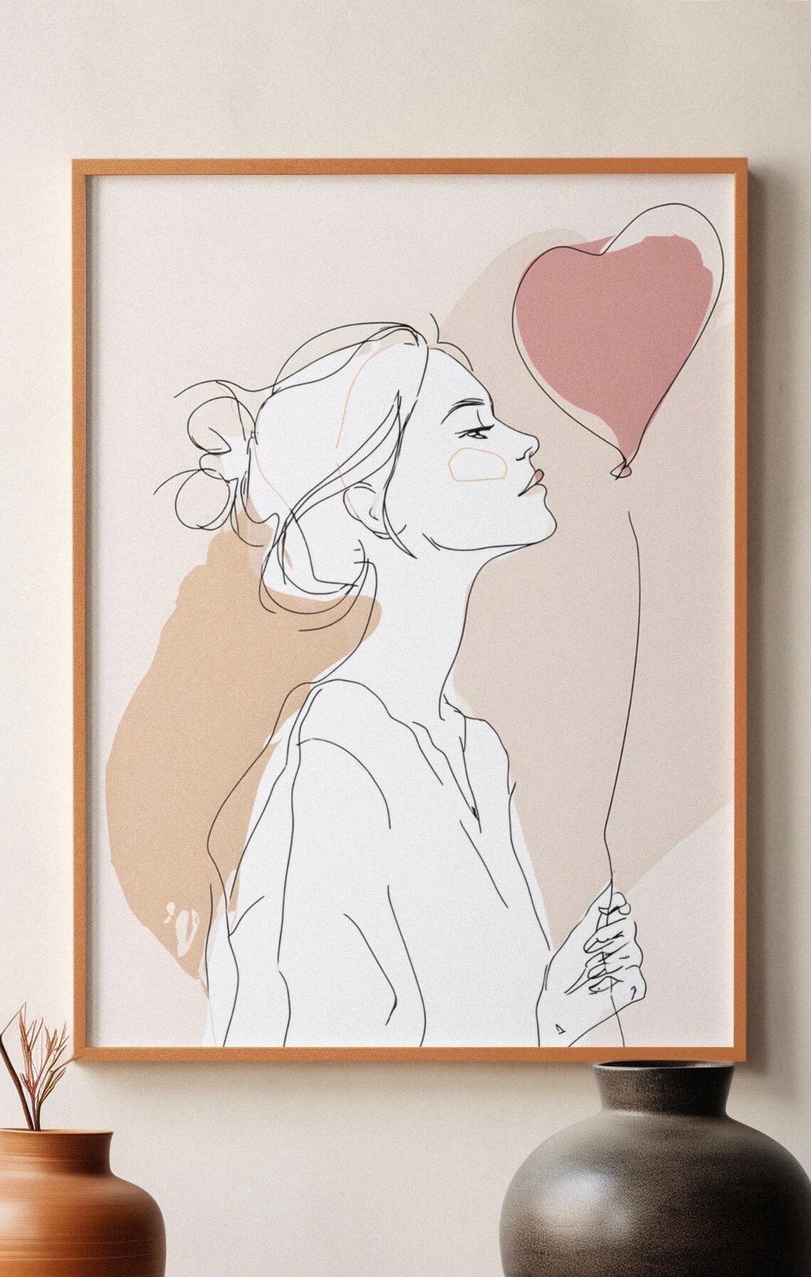 Minimalist Line Art Woman with Heart Balloon Romantic Wall Art