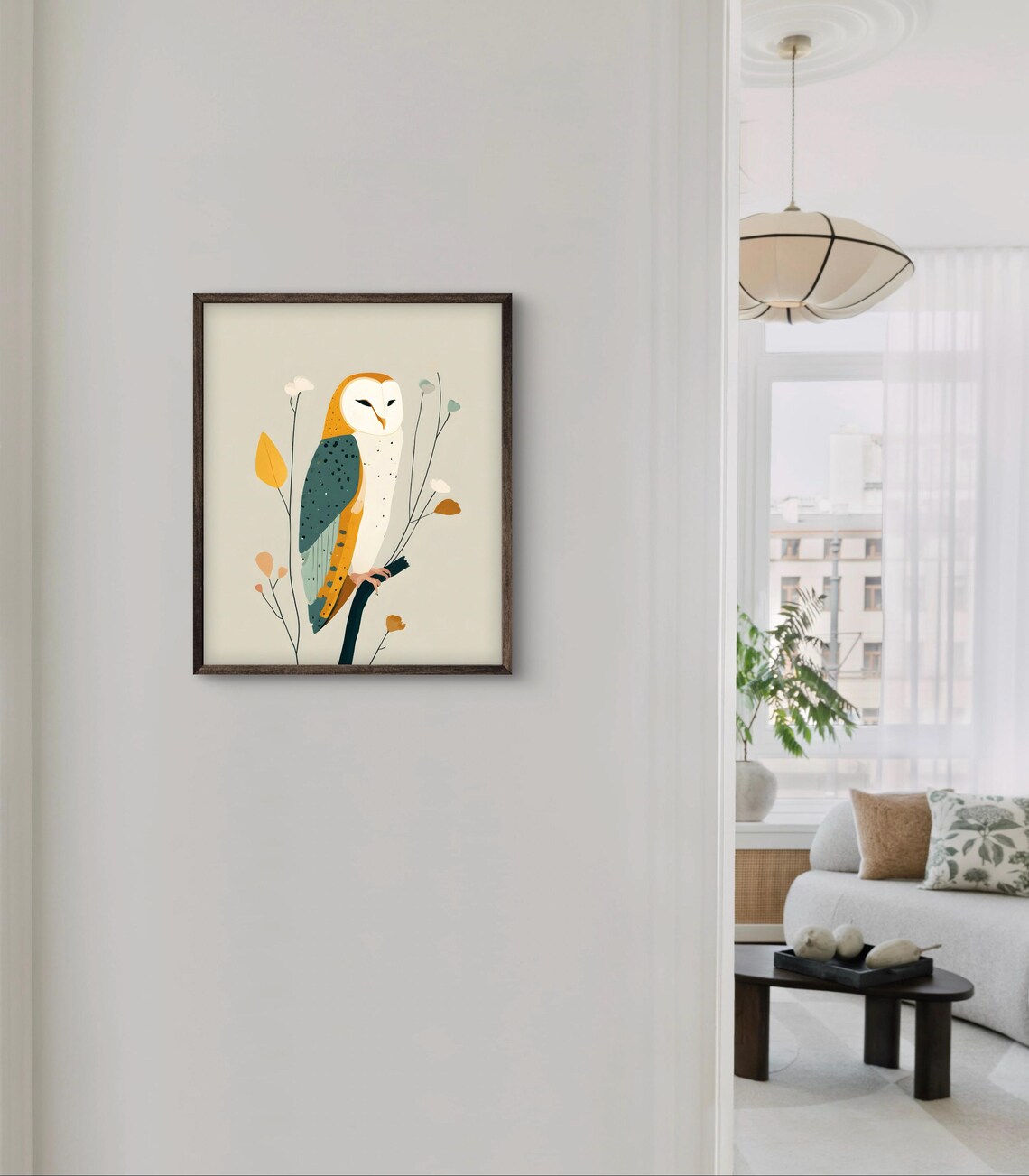 Minimalist Barn Owl On Branch Pastel Scandinavian Art Poster