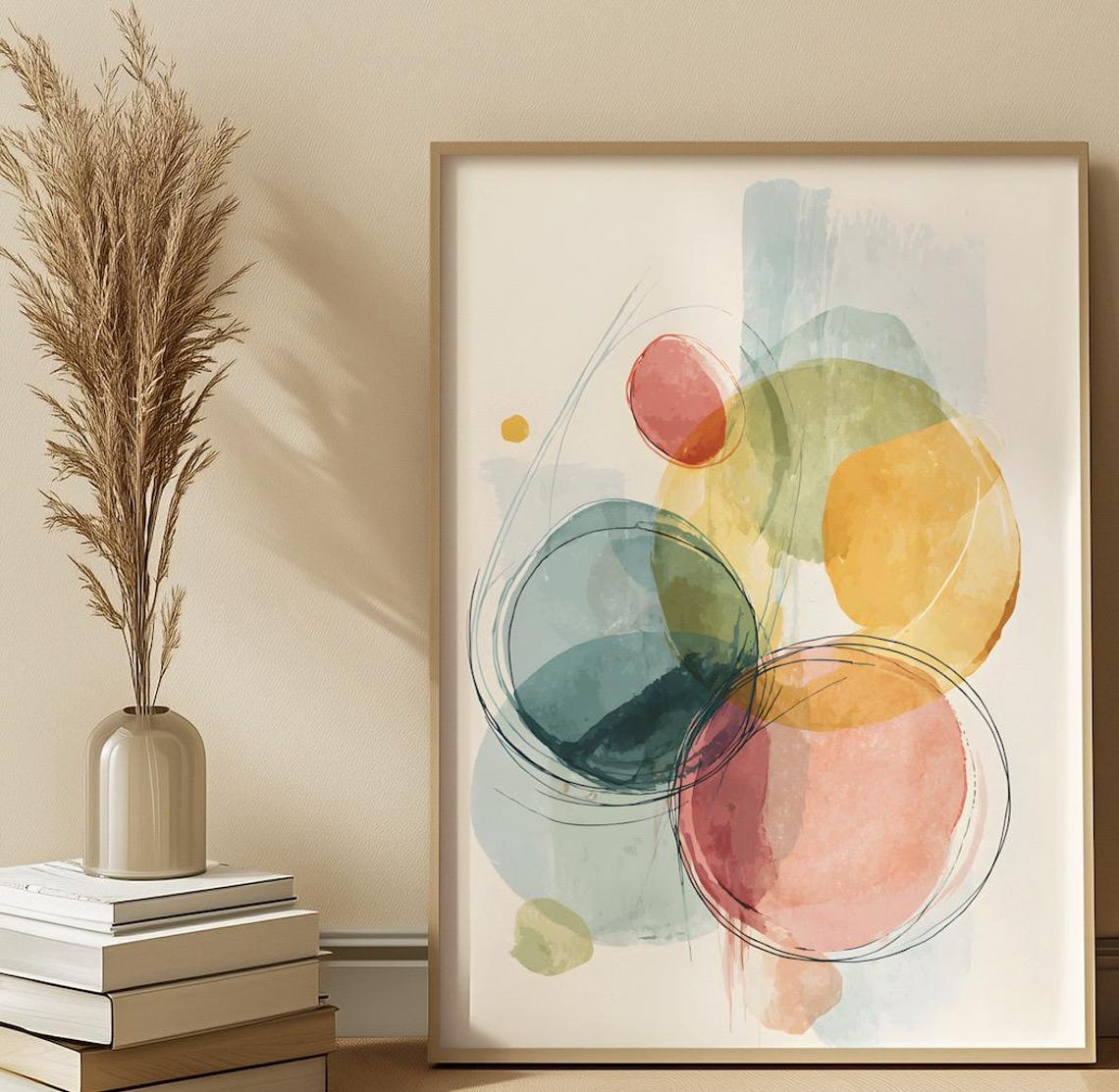 Abstract Meditation Circles Poster with Soft Pastel Watercolor Shapes
