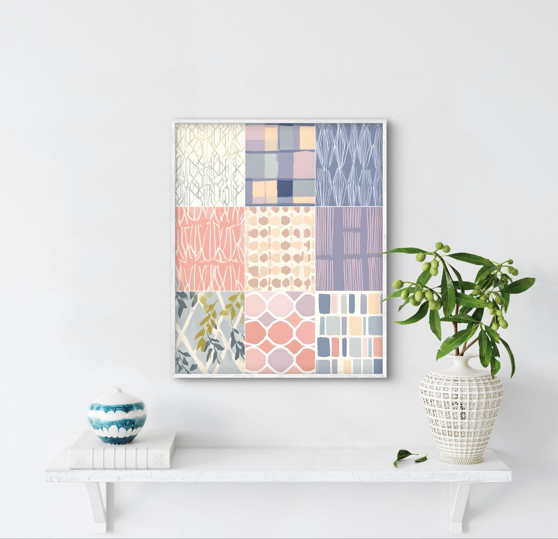 Square Pastel Pattern Poster With Nine Geometric And Botanical Tiles