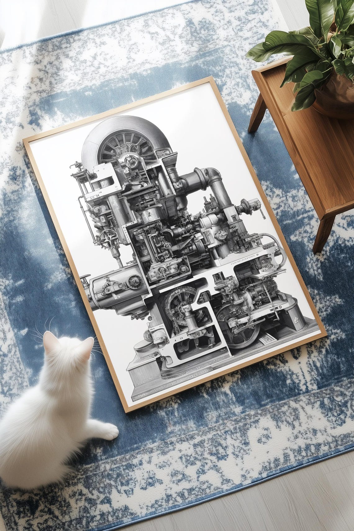 Detailed Vintage Steam Engine Cutaway Mechanical Illustration Poster