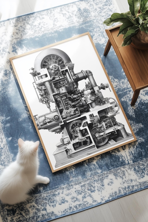 Detailed Vintage Steam Engine Cutaway Mechanical Illustration Poster