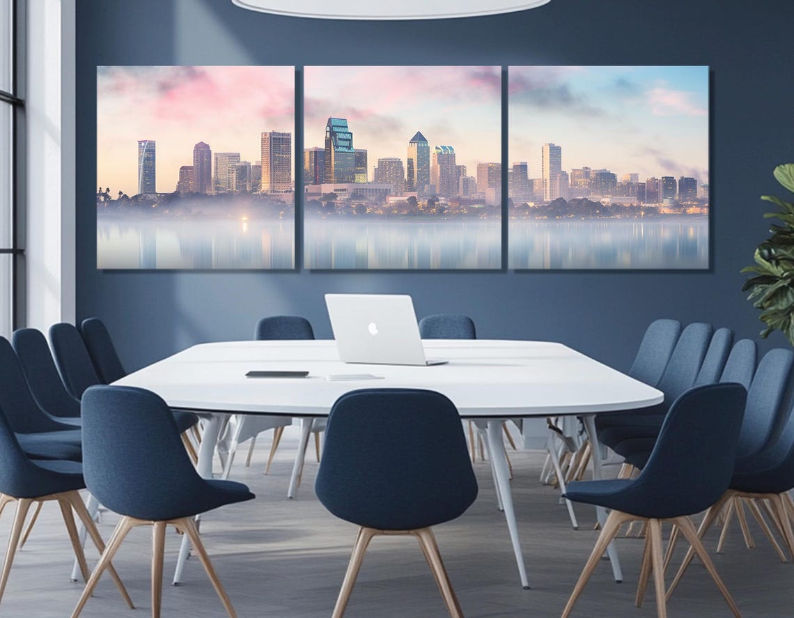 San Diego Misty Skyline Triptych Pink Dawn Calm Bay Reflection Poster