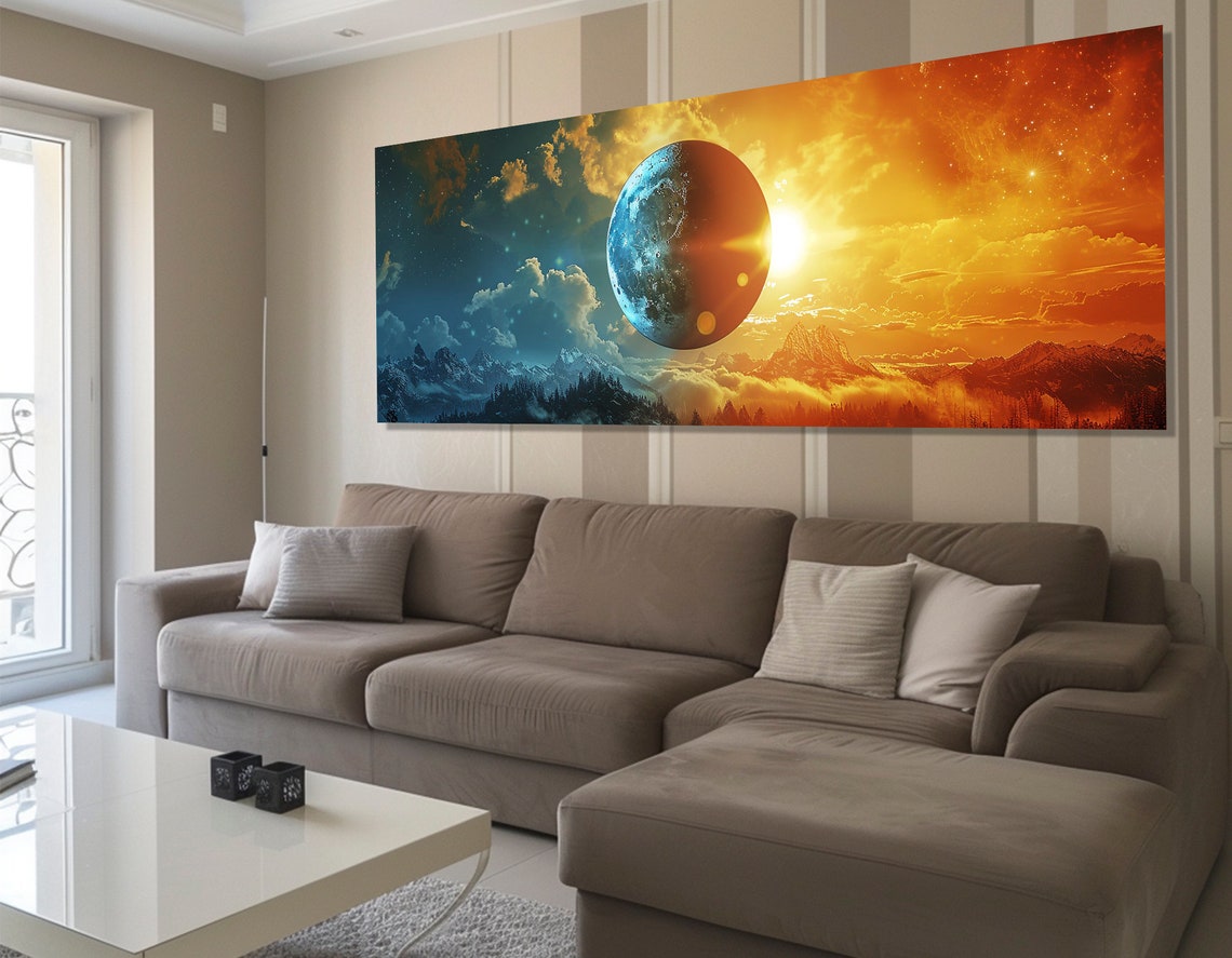Day Night Split Sun Moon Planet Mountain Sky Cosmic Art Poster - Image 2
