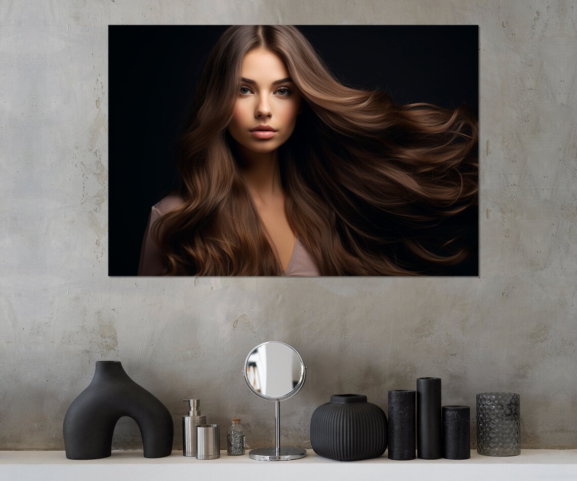 Woman Long Flowing Brown Hair Black Background Beauty Portrait Poster