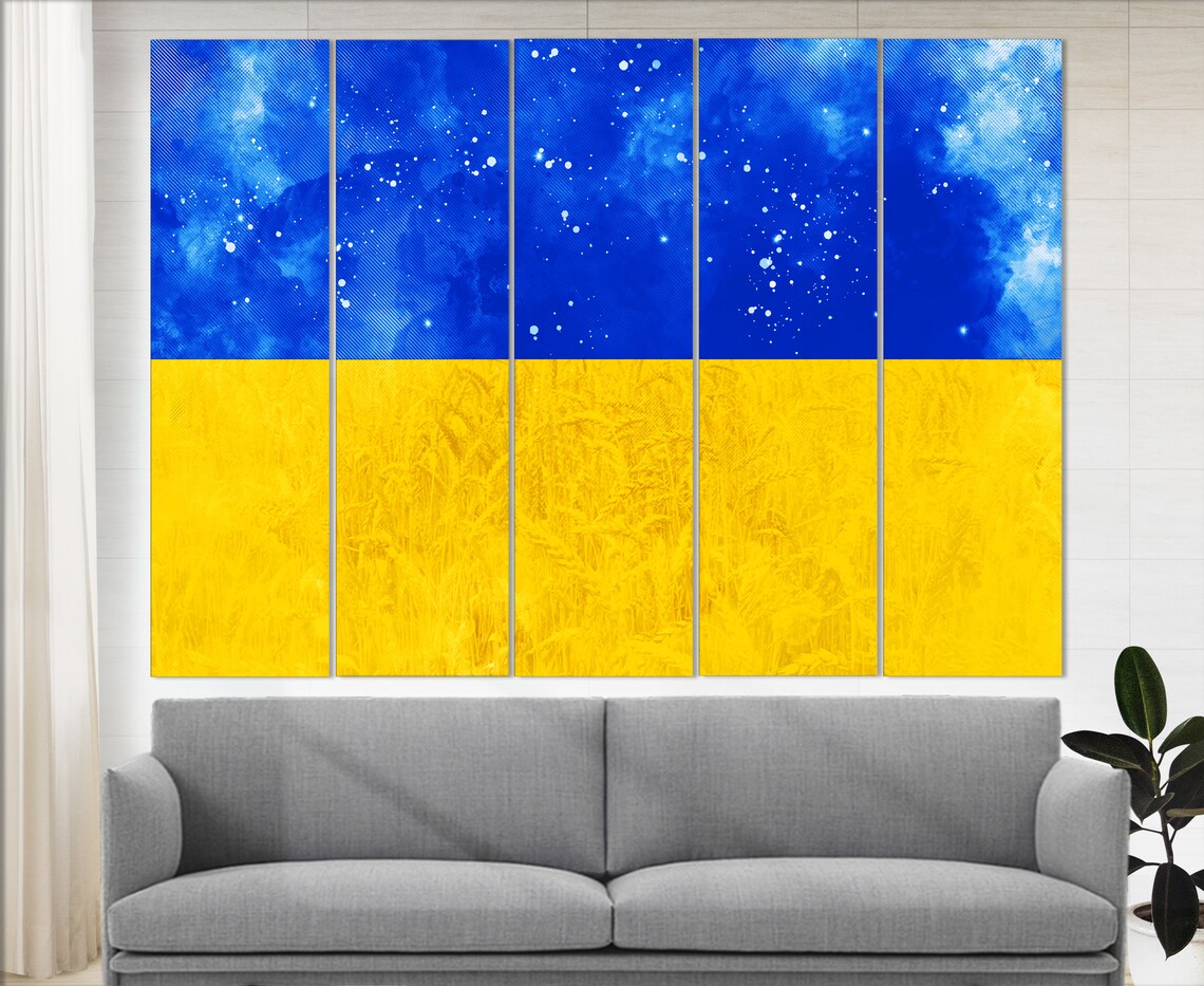 Ukraine Flag Watercolor Starry Sky Wheat Field 3 Panel Canvas Wall Art - Image 4