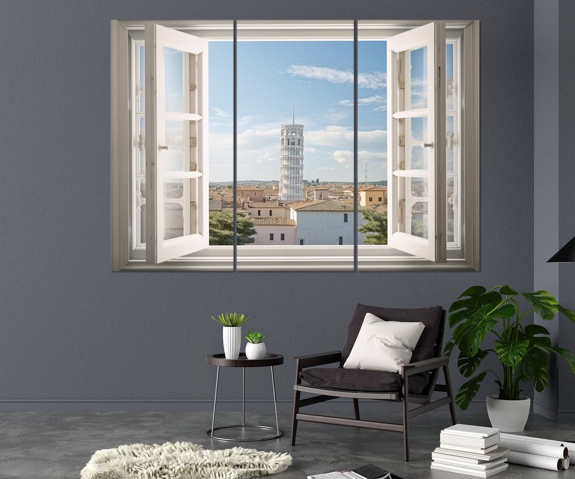 Leaning Tower Of Pisa Open Window Old Town Rooftops View Poster - Image 4