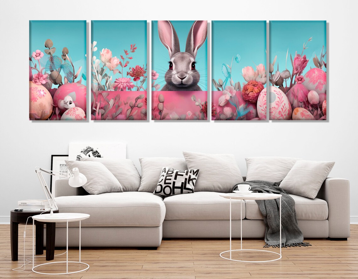 Easter Bunny Pastel Pink Floral Panoramic Nursery Springtime Wall Art Poster - Image 3