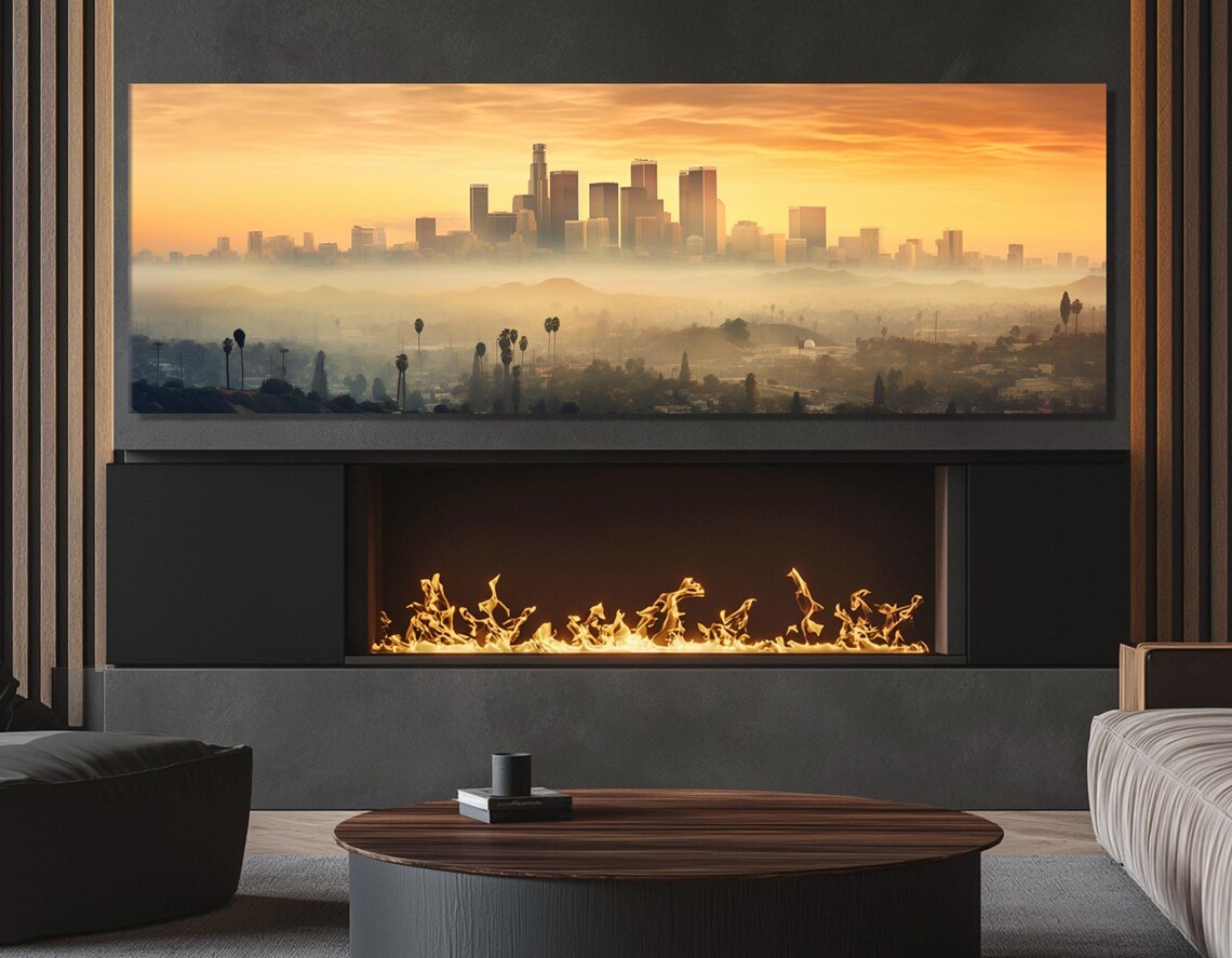 Los Angeles Downtown Skyline In Morning Fog With Orange Sunrise Poster