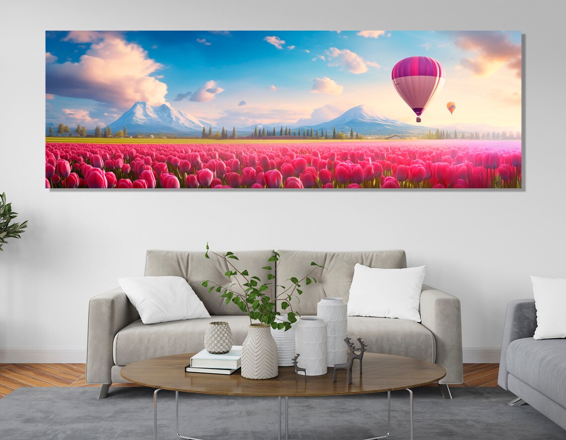Panoramic Pink Tulip Field With Hot Air Balloons And Mountains Poster