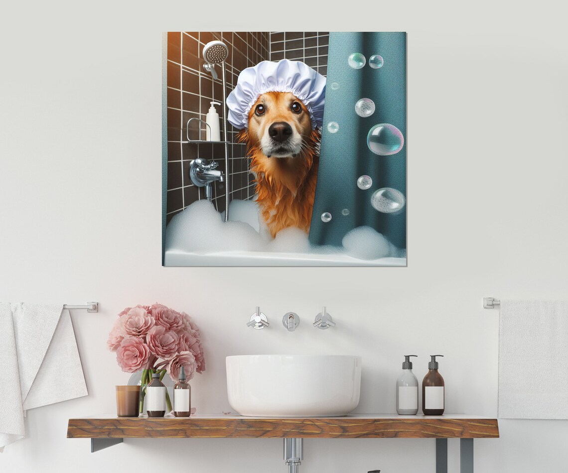 Golden Retriever Puppy in Shower Cap Bubble Bath Funny Animal Poster - Image 3