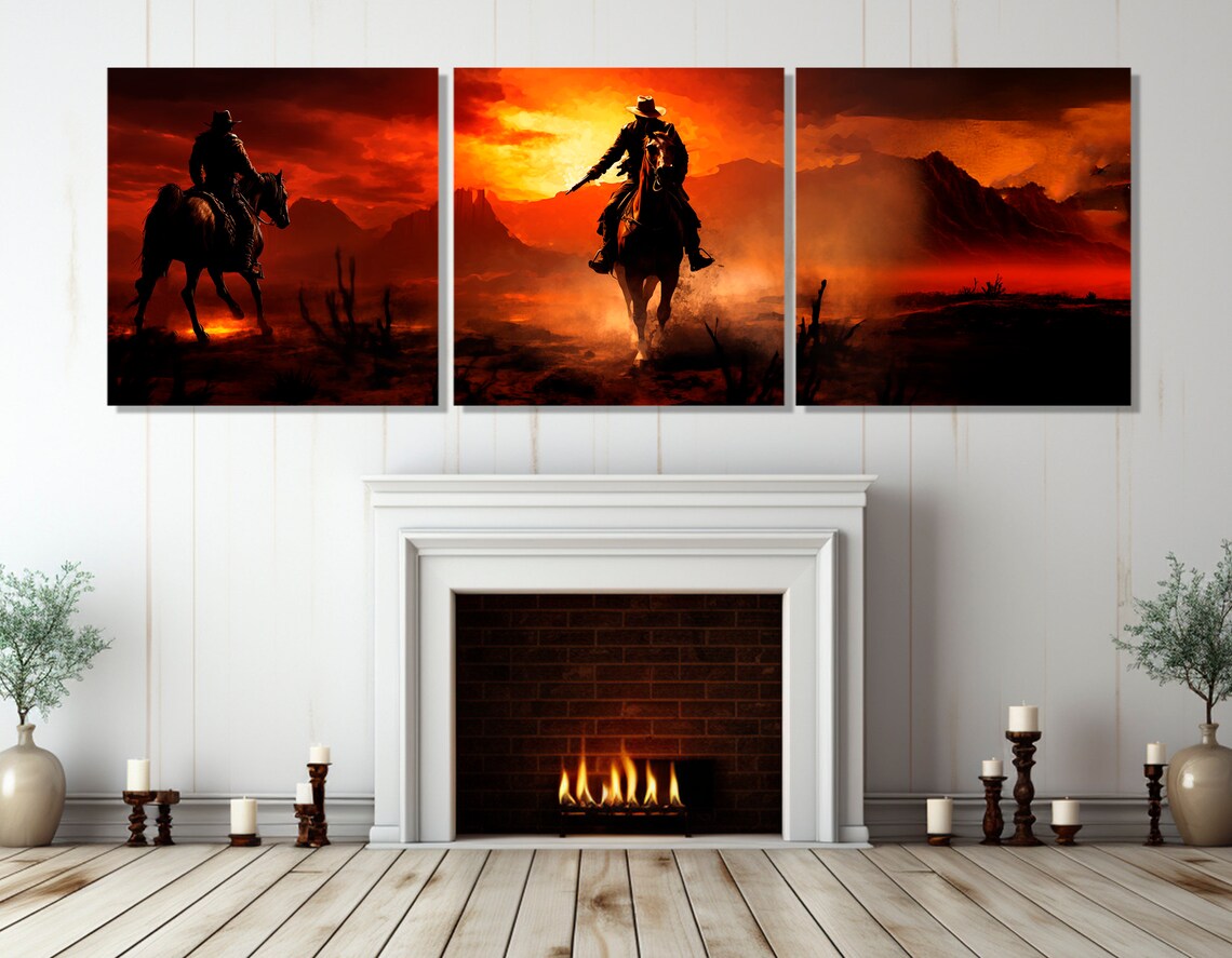 Two Cowboys Riding Horses Through Desert At Sunset Wild West Poster - Image 4