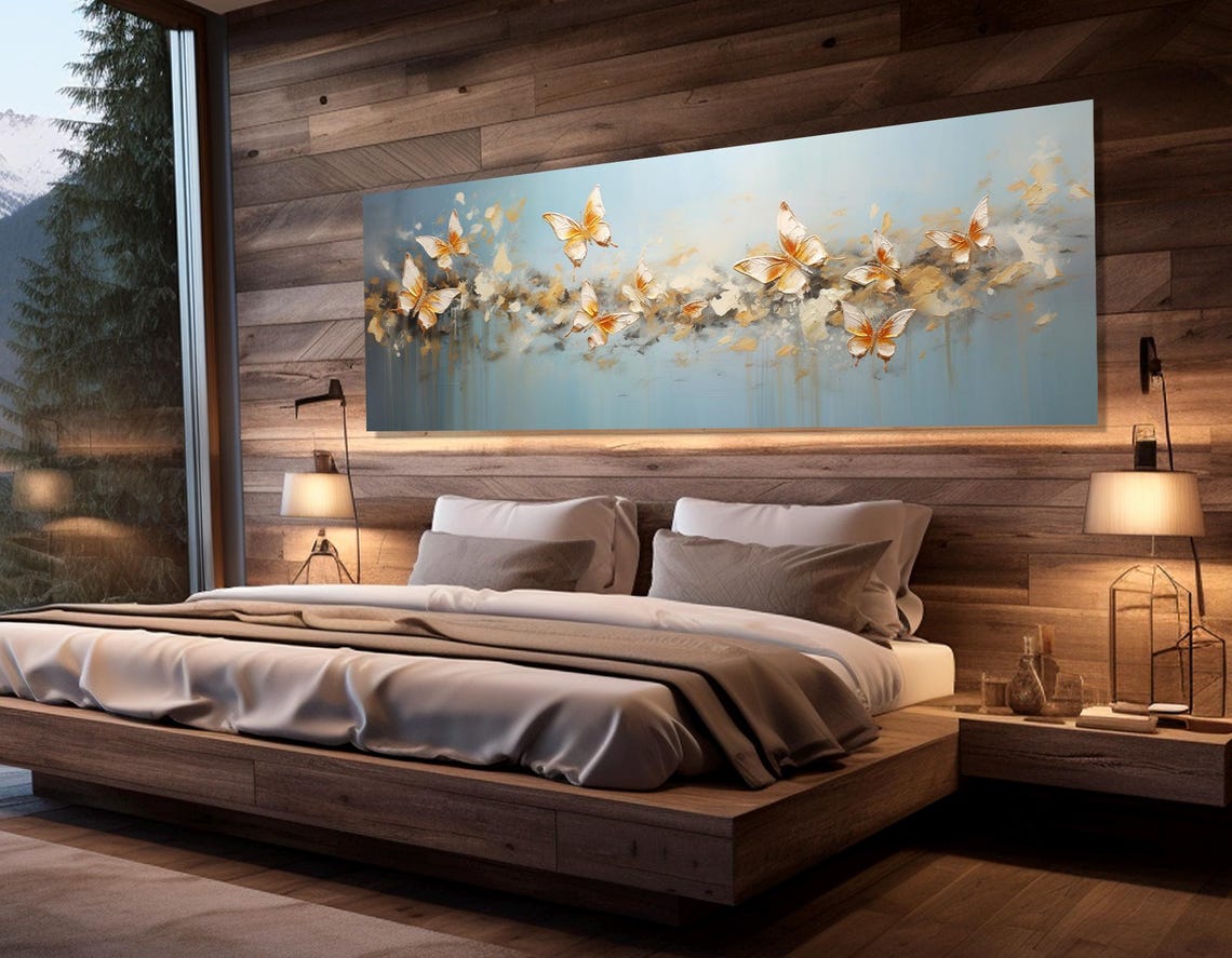 Golden Butterflies Abstract Blue Background Elegant Flying Art Poster - Image 3