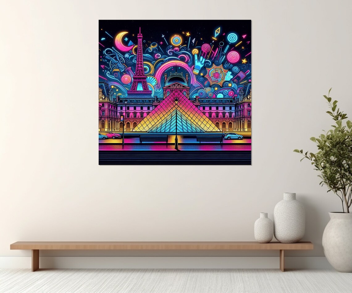 Neon Paris Eiffel Tower Louvre Pyramid Night City Lights Poster - Image 4