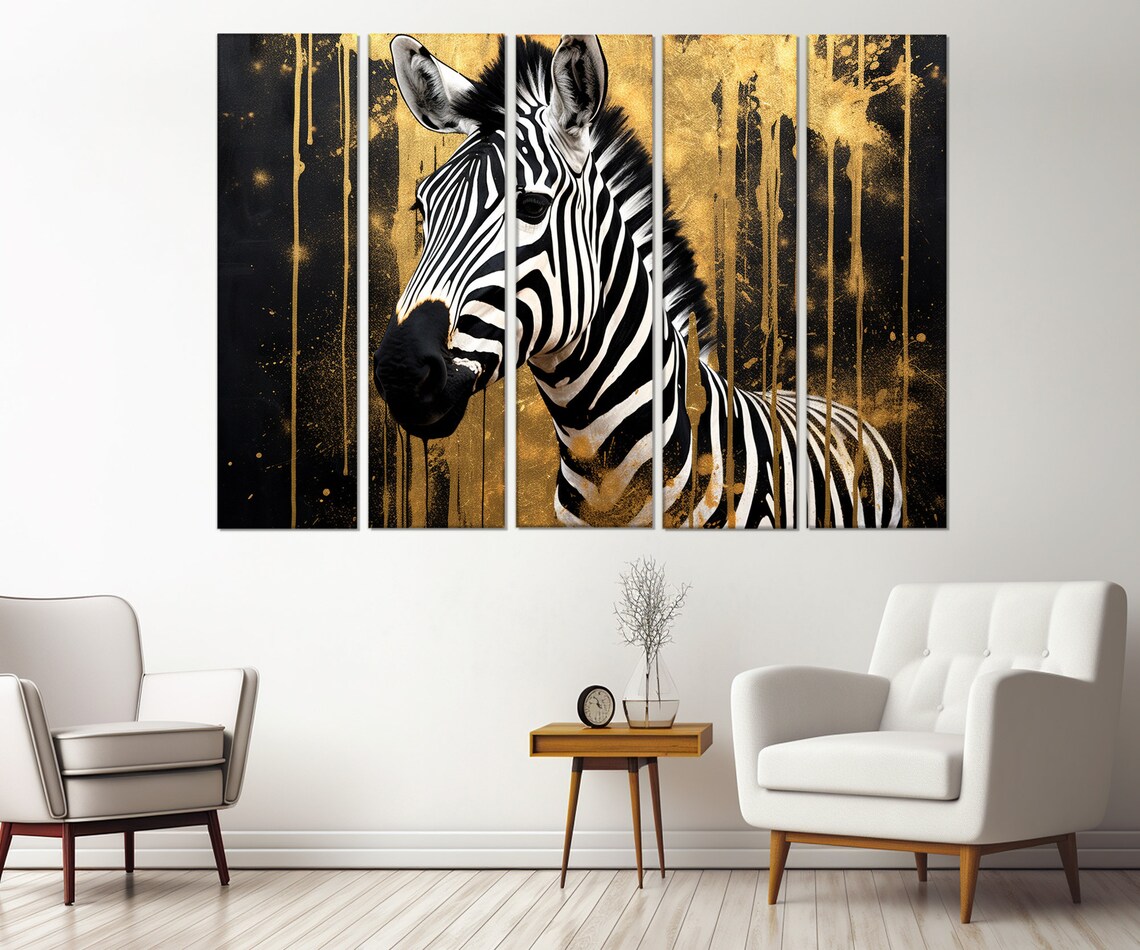 Zebra Portrait Black and Gold Paint Splatter Striking Wildlife Art Poster - Image 2